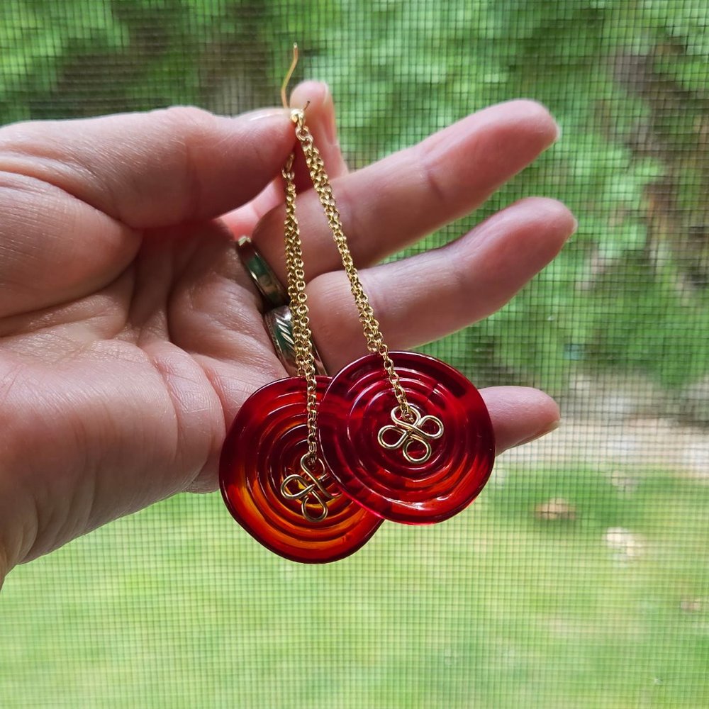 NWOT Red Pressed Glass Earrings, Handmade w/14k Gold Filled Chain - 3 3/4"